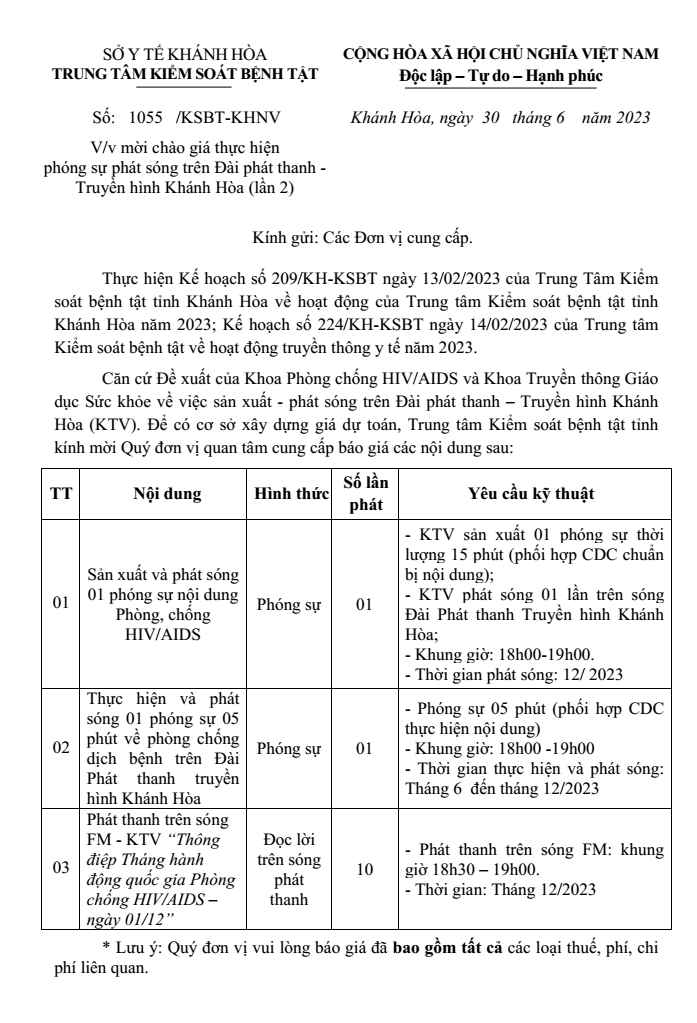 Mời chào giá thực hiện phóng sự phát sóng trên Đài phát thanh - Truyền hình Khánh Hòa (lần 2)